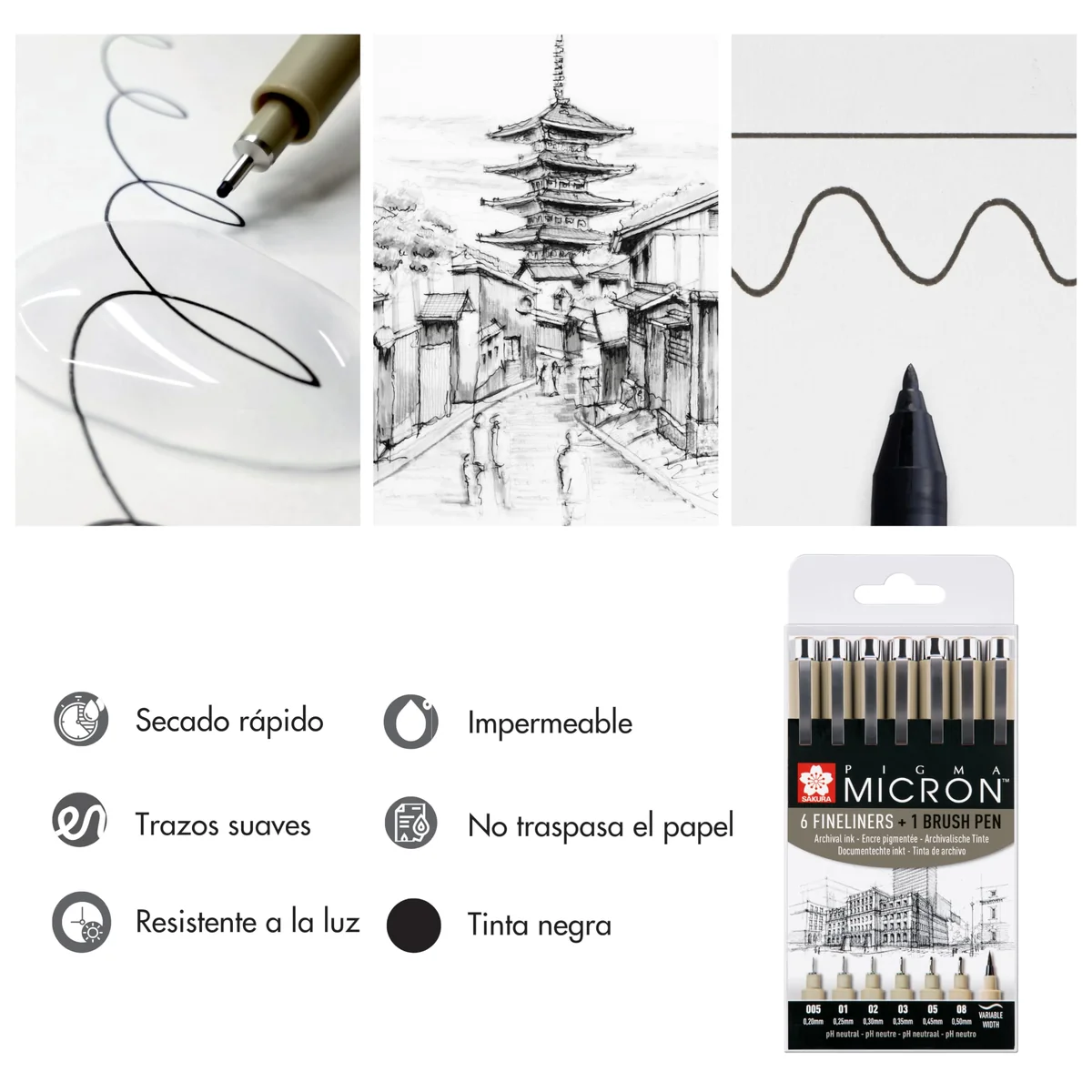SAKURA Pigma Micron Rotulador Set de 6 + Pincel | Tinta permanente resistente al agua| Rotuladores para escribir, dibujar y llevar un diario