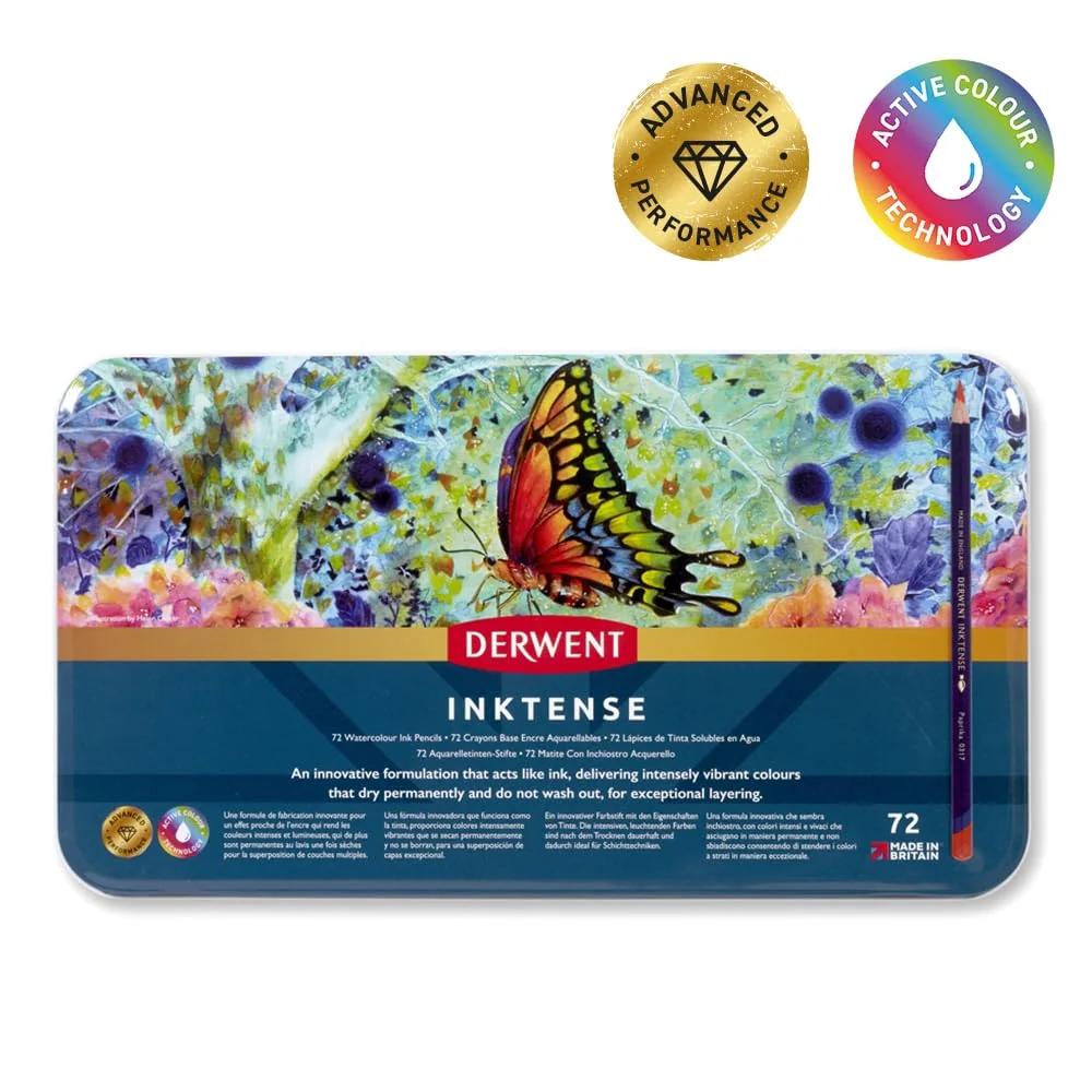Derwent 2301843 - Caja Metálica con 72 Lápices Inktense, Solubles en Agua, Núcleo de 4mm, Ideal para Tejidos como Seda y Algodón, Calidad Profesional, Permanente al Secar y No se Difumina