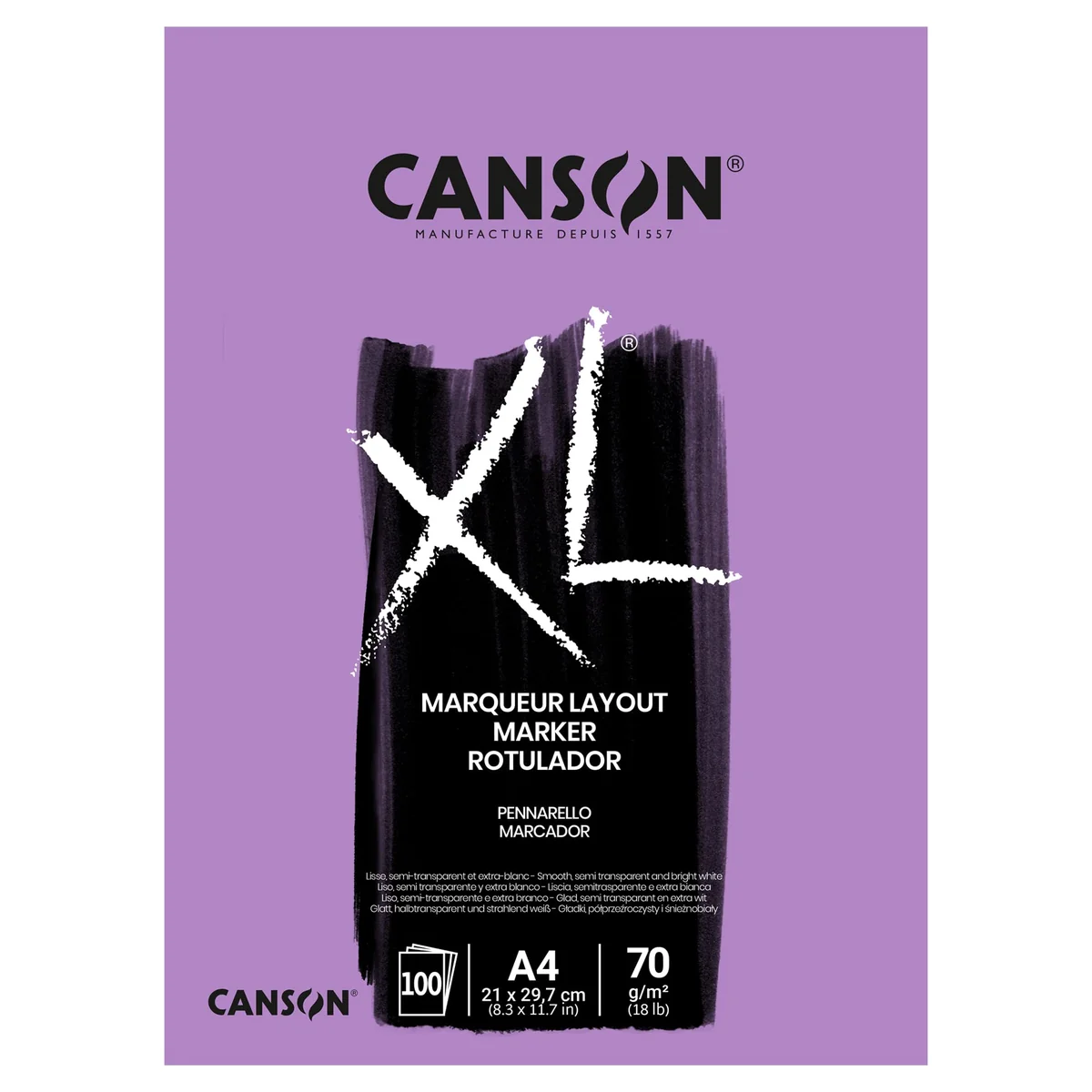 Canson Bloc Encolado, A4, 100 Hojas, Canson XL Marker Barrera 70 g, Blanco, A4