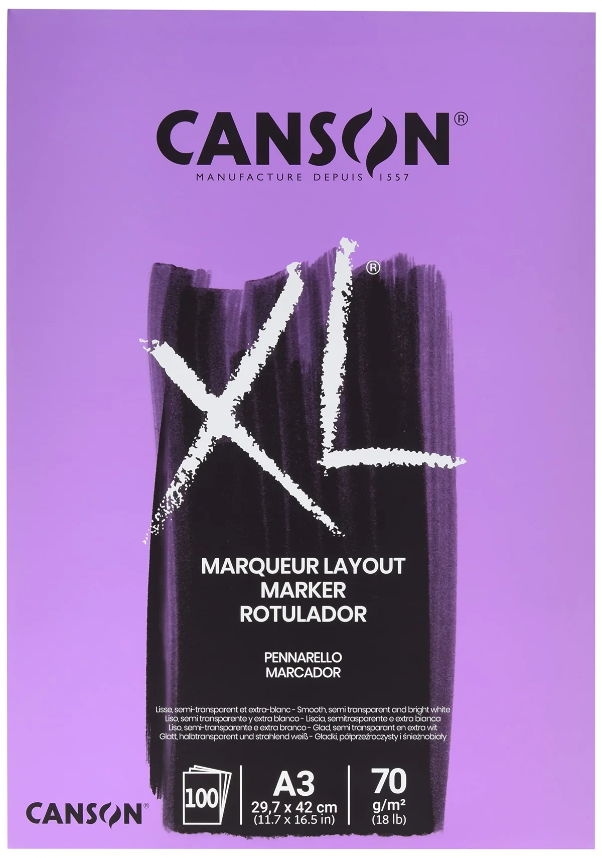 Canson Bloc Encolado, A4, 100 Hojas, Canson XL Marker Barrera 70 g, Blanco, A4