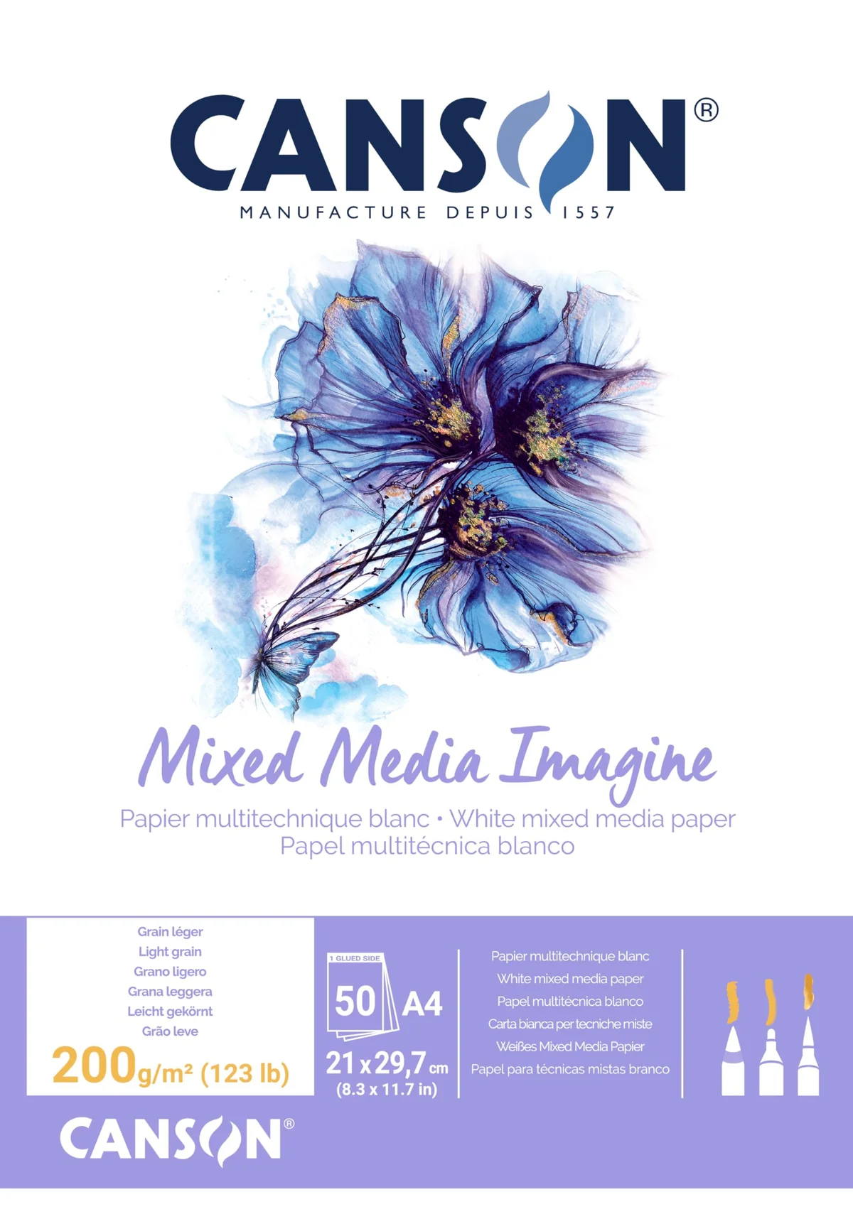 Canson Imagine, Papel Mixed Media, Grando ligero, 200g, Encolados por el lado corto, A4-21x29,7cm, Blanco natural, 50 Hojas
