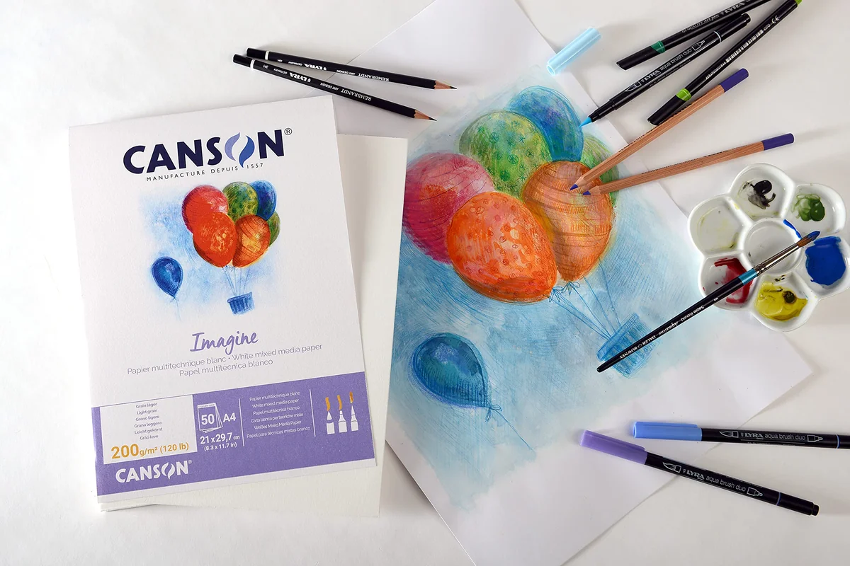 Canson Imagine, Papel Mixed Media, Grando ligero, 200g, Encolados por el lado corto, A4-21x29,7cm, Blanco natural, 50 Hojas