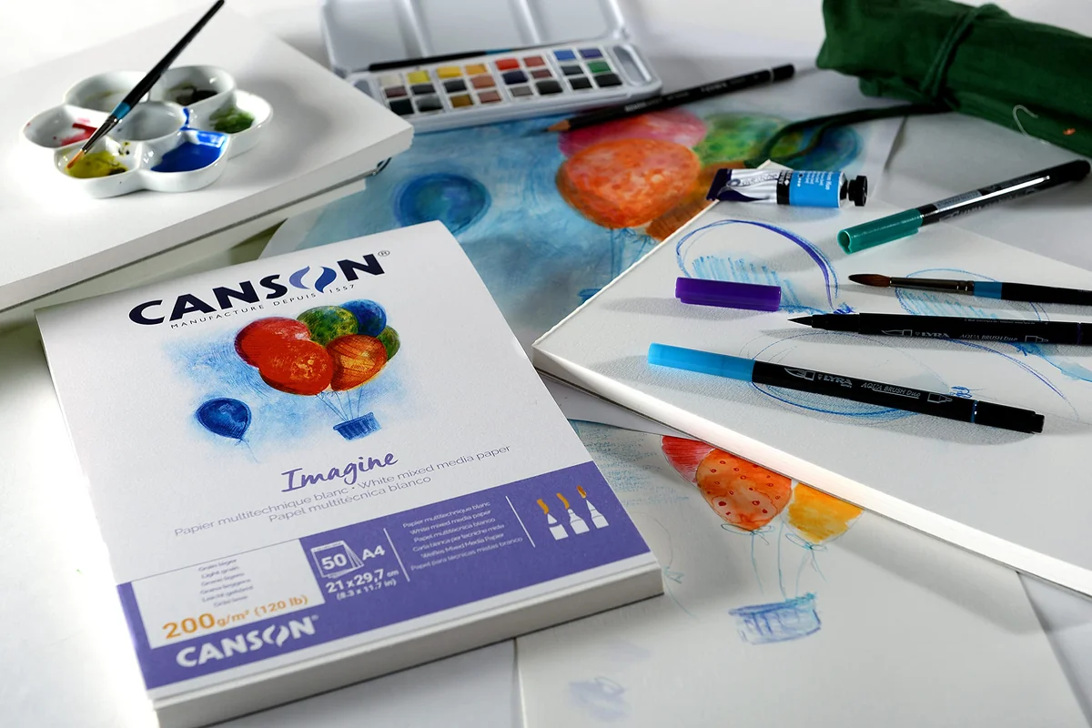 Canson Imagine, Papel Mixed Media, Grando ligero, 200g, Encolados por el lado corto, A4-21x29,7cm, Blanco natural, 50 Hojas