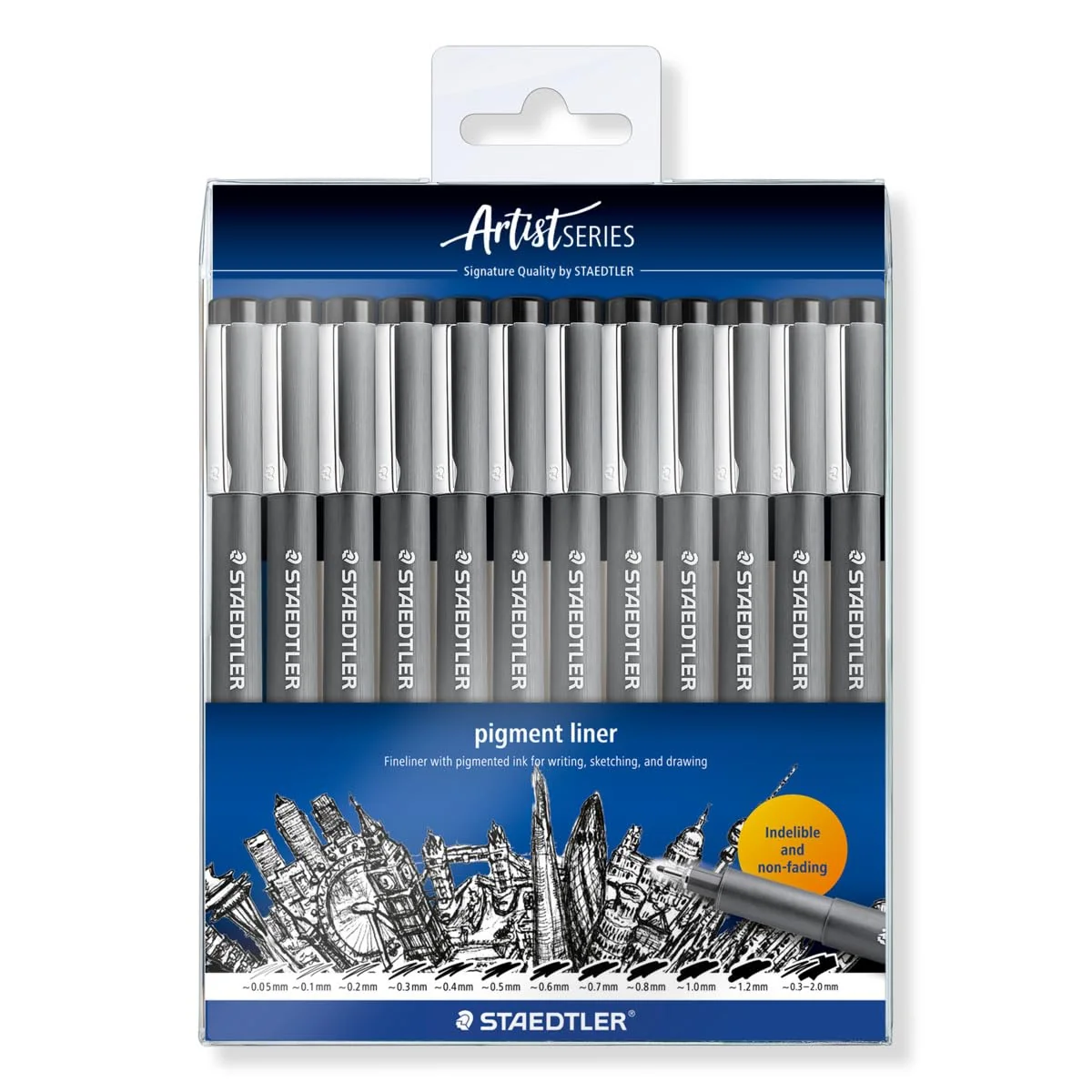 STAEDTLER Pigment Liner 308 Fineliner – negro, 12 uds, 0,05–2,0 mm