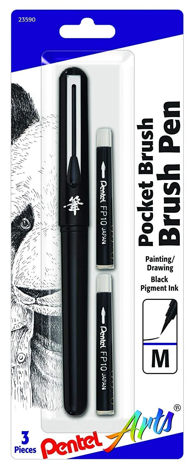 Pentel Artes de Bolsillo Pluma de Pincel, Incluye 2 Negro Tinta Recargas (GFKP3BPA)