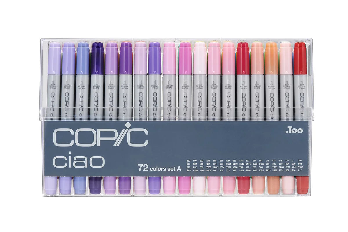Copic Ciao Set «72 Colors A», 72 piezas en expositor acrílico, Rotulador doble con punta mediana y punta de pincel