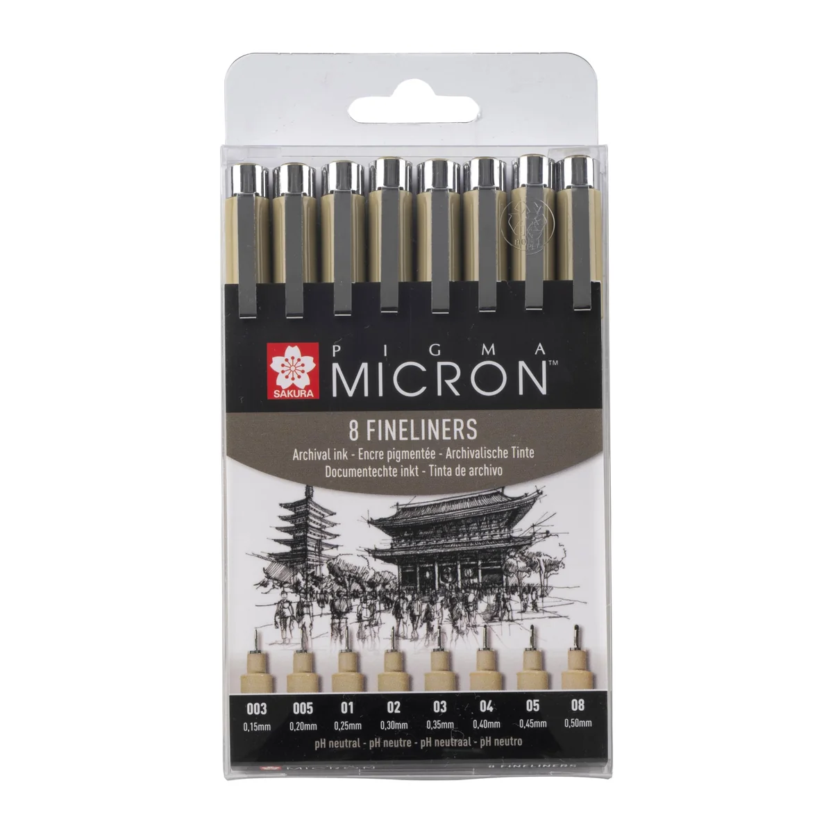 SAKURA Pigma Micron Callibrée Point Set de 8 | Tinta negra permanente y resistente al agua, tamaños surtidos | Rotuladores para escribir, dibujar y escribir diarios