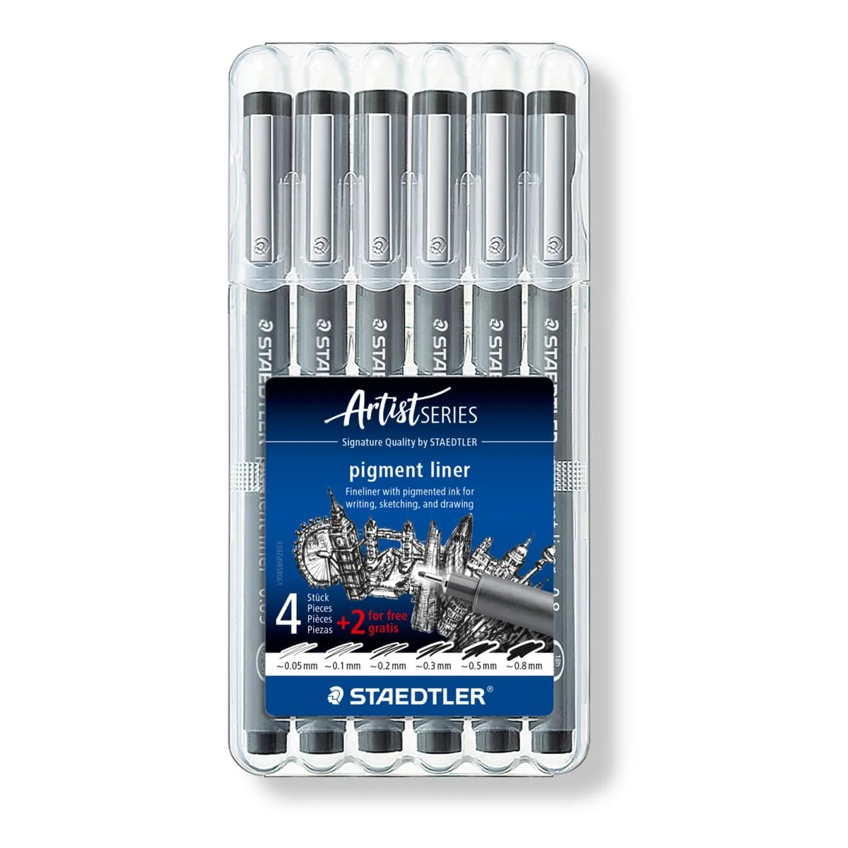 Staedtler 308 SB6P, Rotuladores Fineliner Pigment Liner, Estuche con 6 unidades, Color Negro