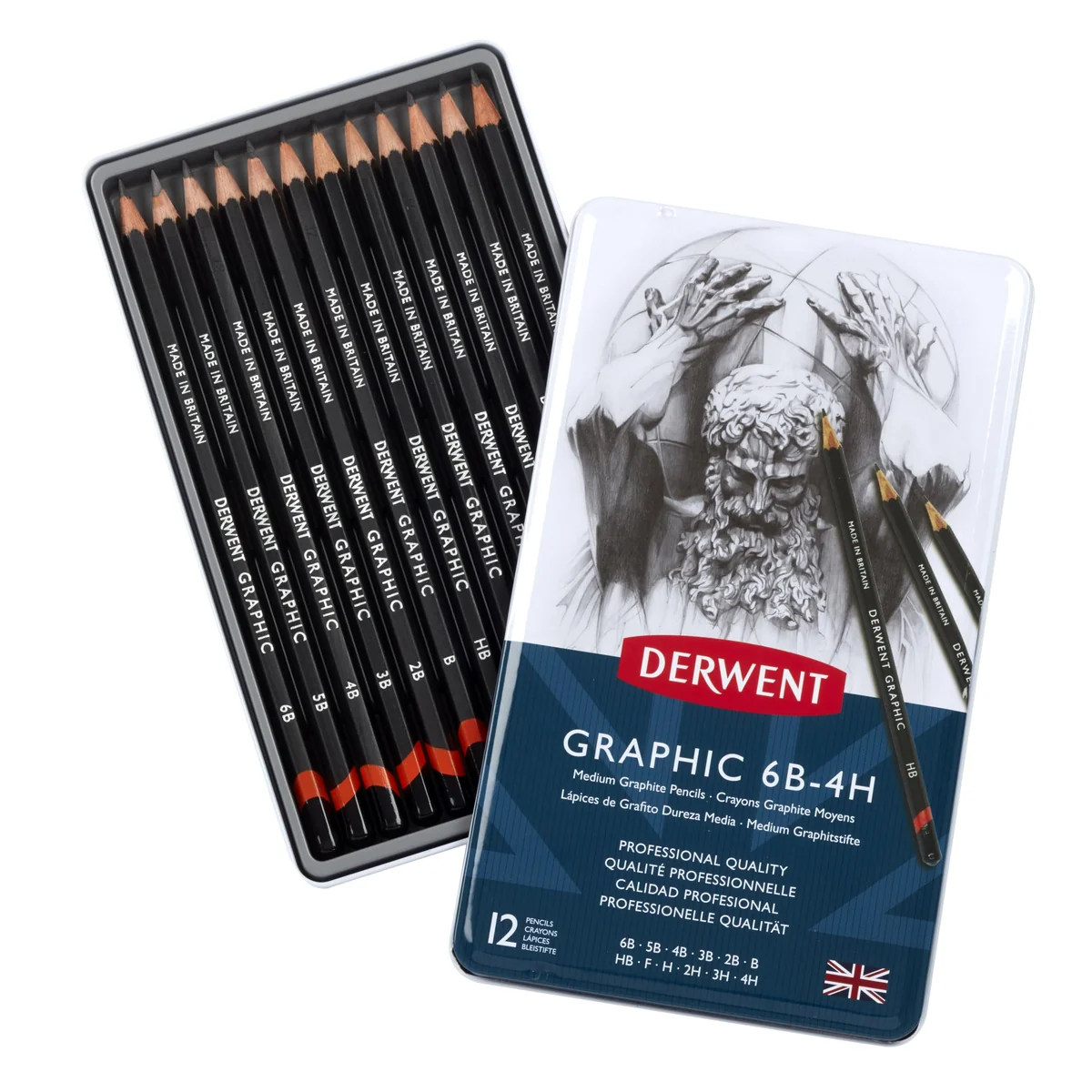Derwent 34214 - Set de 12 Lápices Grados Medios 6B-4H, Grafito de Calidad Profesional para Todos los Artistas, Principiantes y Profesionales, Pensado para Bocetos, Dibujos, Sombreados e Ilustraciones