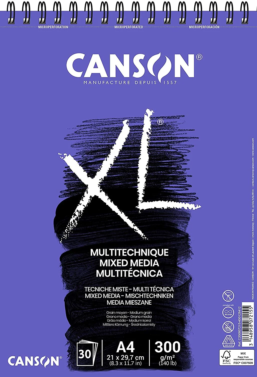 Canson XL Textured, Papel Mixed Media, Grano medio, 300g, Espiralados sobre el lado corto, A4-21x29,7cm, Blanco, 30 Hojas