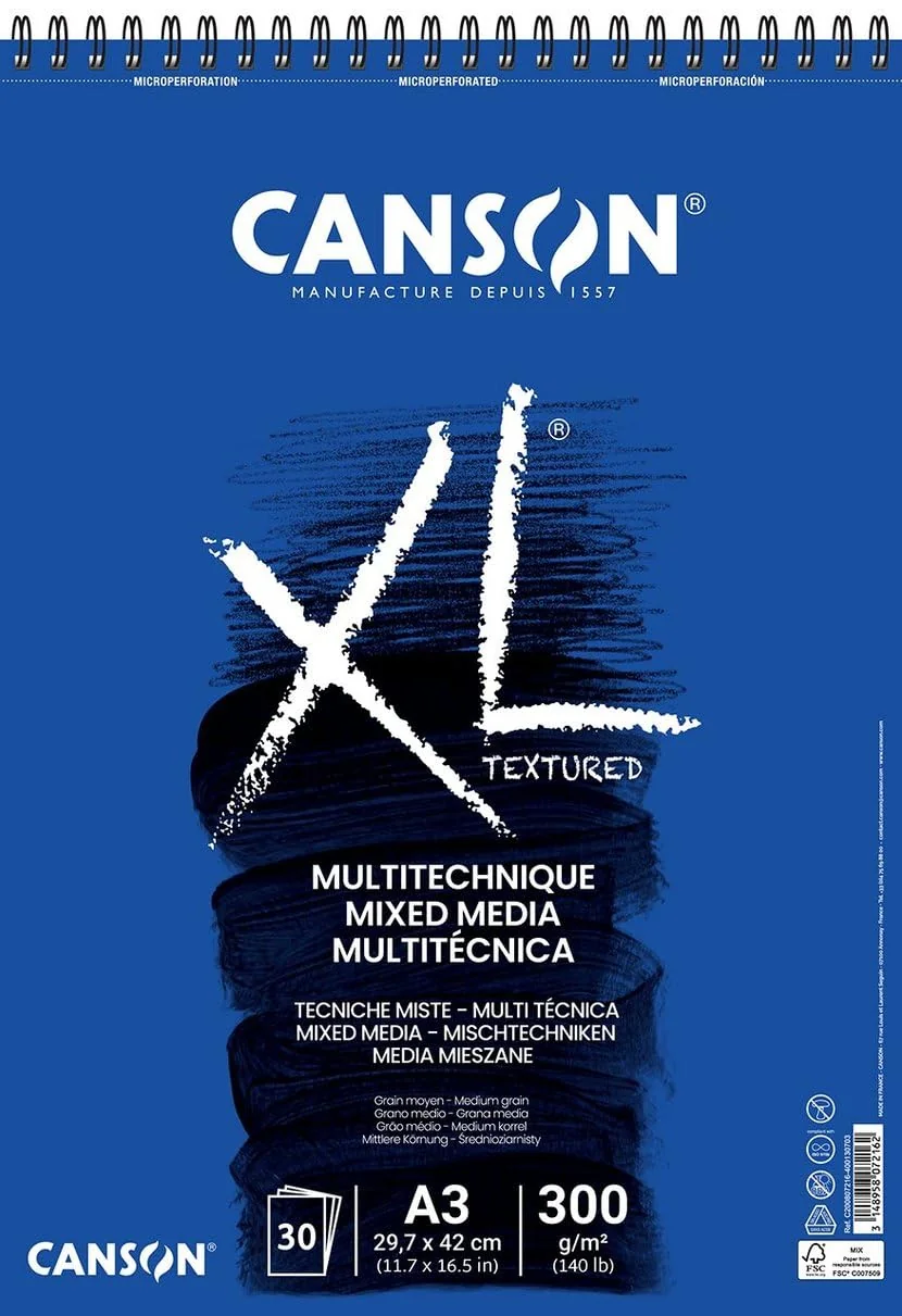 Canson XL Textured, Papel Mixed Media, Grano medio, 300g, Espiralados sobre el lado corto, A4-21x29,7cm, Blanco, 30 Hojas
