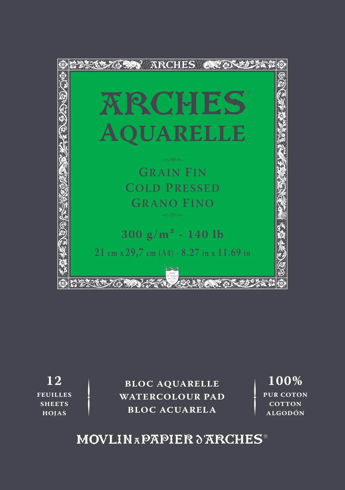 ARCHES Aquarelle 100% Fino 300g Bloc Encolado A4 12 hojas Blanco Natural, color (FILA A1795091)