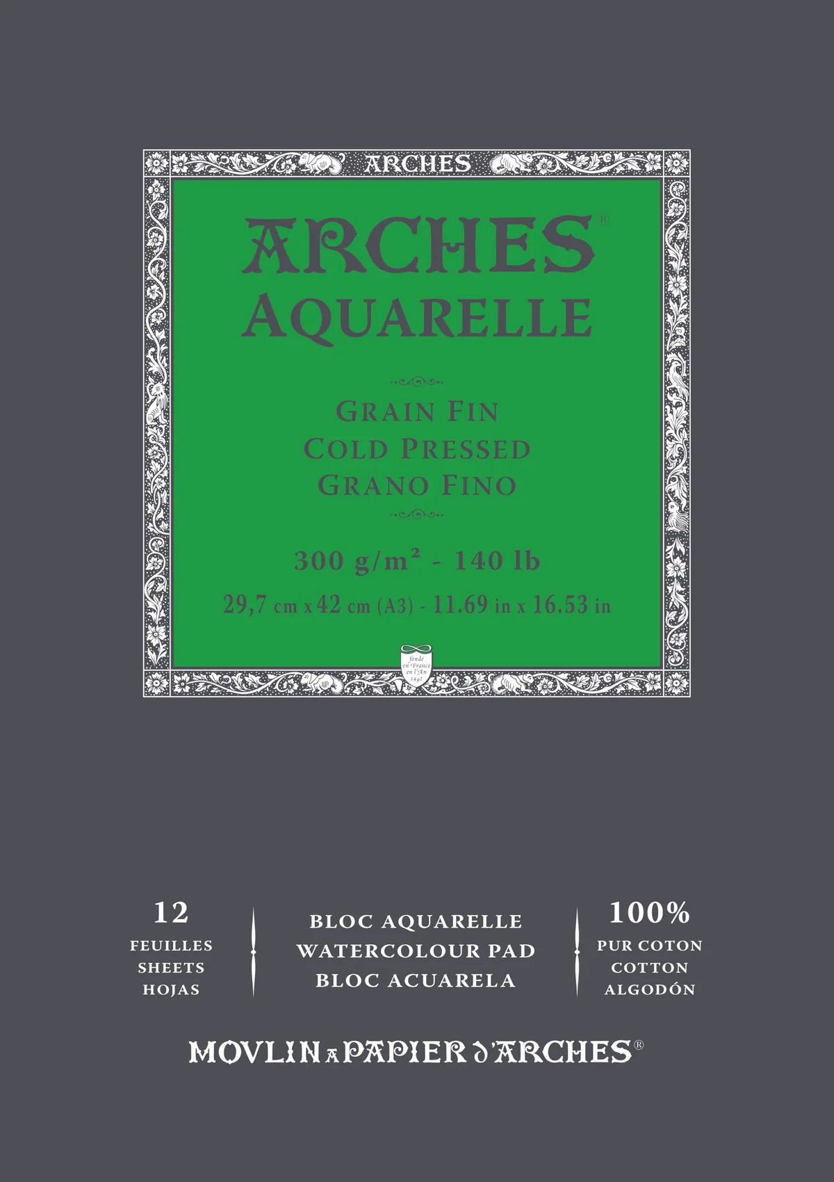 ARCHES Aquarelle 100% Fino 300g Bloc Encolado A4 12 hojas Blanco Natural, color (FILA A1795091)
