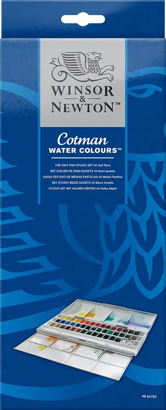 Winsor and Newton. Acuarela Cotman, set de estudio, 45 medias sartenes y 1 pincel redondo para acuarela Cotman