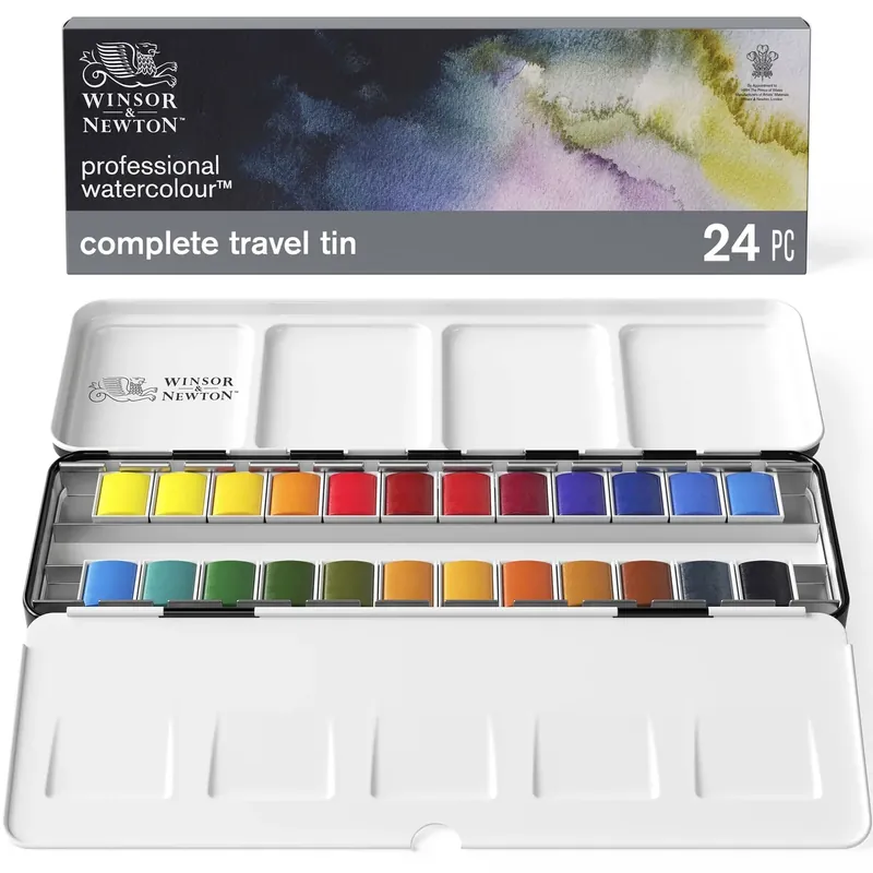 Winsor & Newton Acuarela profesional, Set de viaje completo, 24 medio godets de acuarela profesional, colores surtidos, para acuarelistas y pintura en acuarela