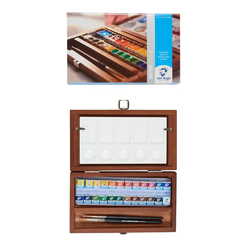 Vangogh Estuche de acuarela caja de madera, 24 medios pastillas + 3 accesorios