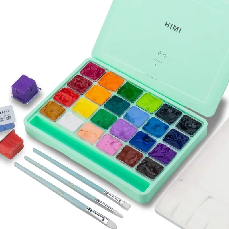 HIMI - Juego de pintura gouache, 24 colores x 30 ml con pinceles y paleta. Diseño único de gelatina, no tóxico. Para lienzo de papel de acuarela, perfecto estudiantes, artistas. (verde)