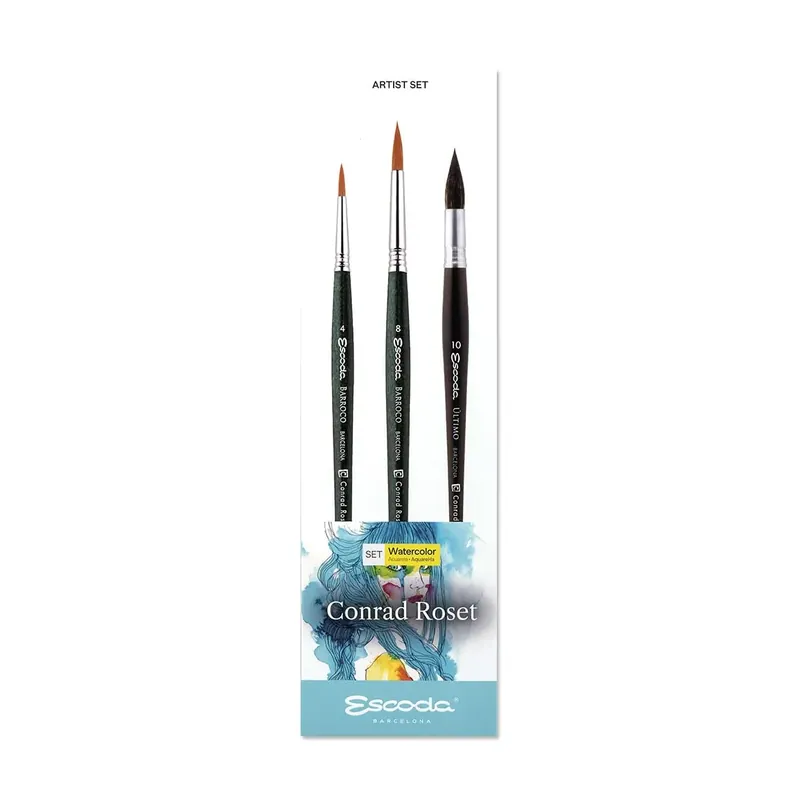 ESCODA Set 3 Pinceles Acuarela - N.4,8 Redondo Punta N.10 Mop Pelo Sintético Set Conrad Roset Serie Barroco Ultimo Profesional Fabricado a Mano en España.