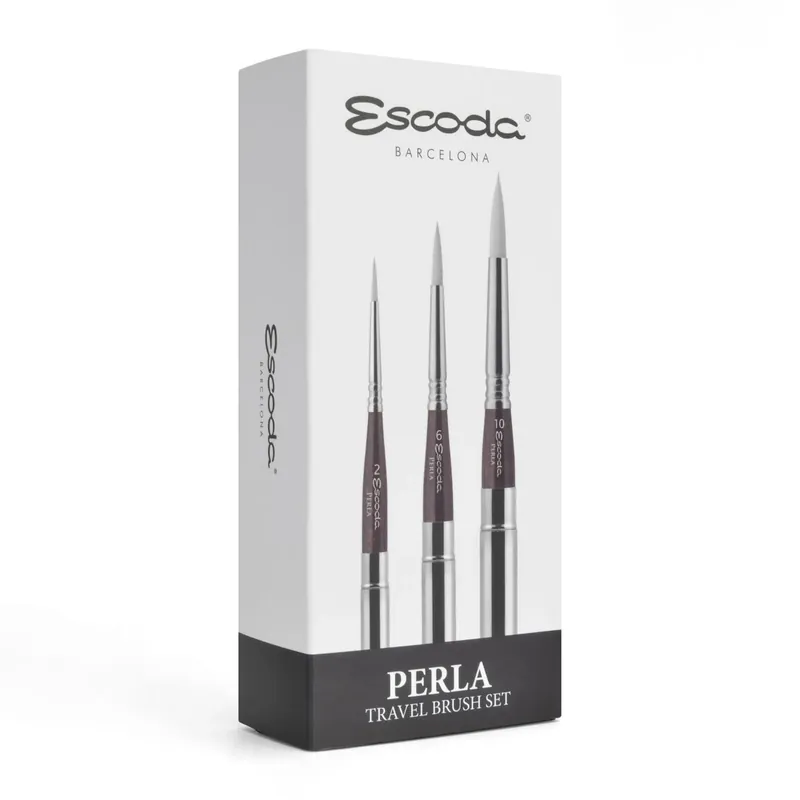 ESCODA Set 3 Pinceles Acuarela - Perla Set Viaje Profesional Pelo Sintético Fabricado a Mano en España