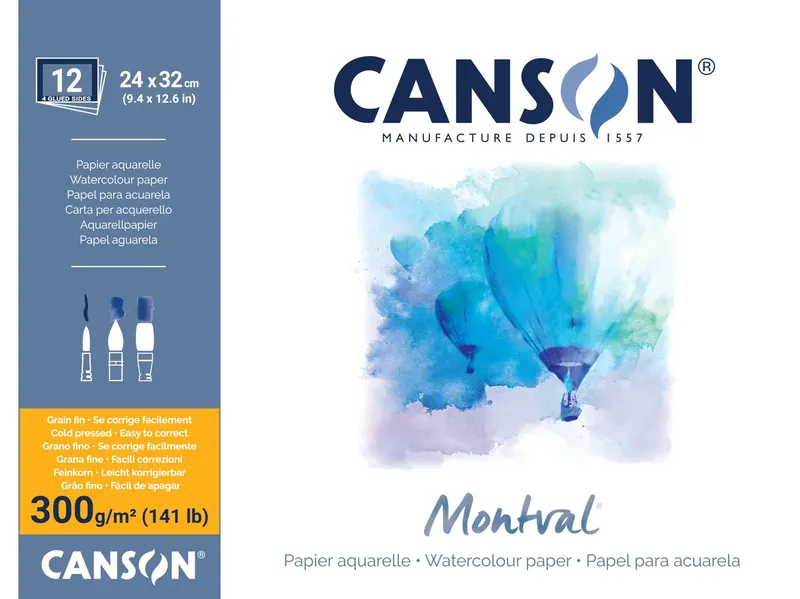 Canson Montval, Papel de acuarela, Prensado en frío, 300g, Block pegado a 4 lados, 24x32cm, Blanco, 12 Hojas