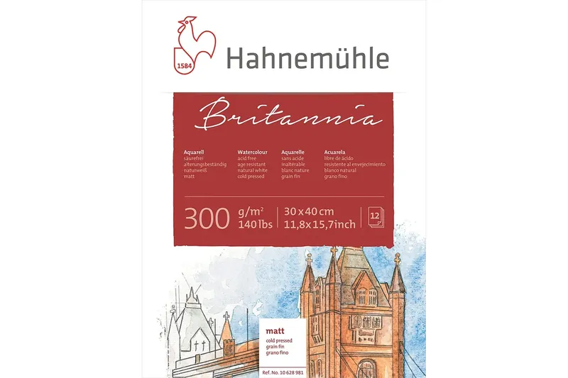 Hahnemühle Britannia – Bloque pegado 4 lados – 30 x 40 cm – 300 g/m² – 12 hojas – grano fino