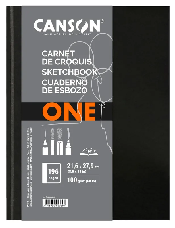 Canson One Art Book, Cuaderno de esbozo, Grando ligero, 100g, Libro de tapa dura, 21,6x27,9cm, Blanco, 98 hojas