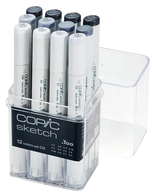 COPIC Sketch Set «12 Colors CG», Set de 12 en Expositor acrílico, Rotulador Doble con Punta Mediana y Punta de Pincel