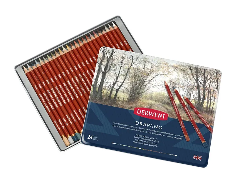 Derwent Drawing - Lápices de dibujo en estuche de metal (24 colores, de madera)