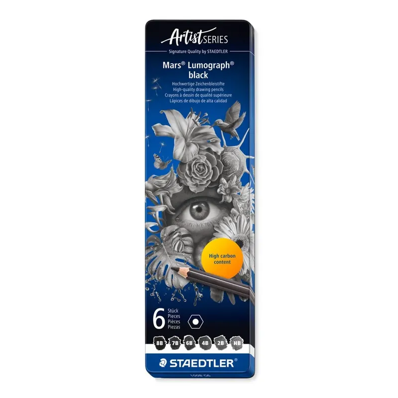 STAEDTLER Mars Lumograph 100B Lápices de dibujo – 6 uds, estuche metálico