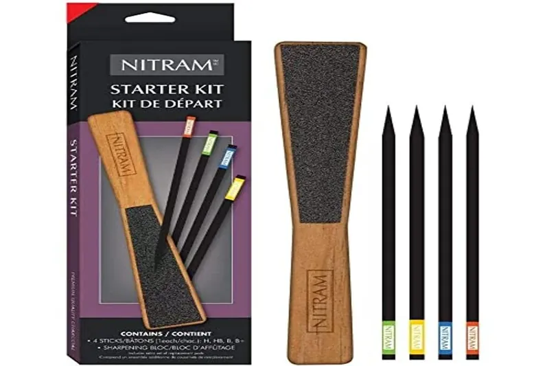 Nitram Kit de iniciación con 4 carboncillos y una Piedra para lijarlos, Carbón, Juego de 5 piezas