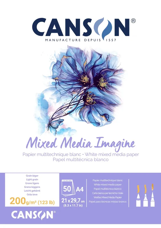 Canson Imagine, Papel Mixed Media, Grando ligero, 200g, Encolados por el lado corto, A4-21x29,7cm, Blanco natural, 50 Hojas