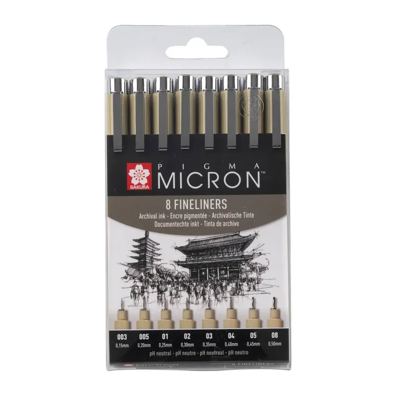 SAKURA Pigma Micron Callibrée Point Set de 8 | Tinta negra permanente y resistente al agua, tamaños surtidos | Rotuladores para escribir, dibujar y escribir diarios