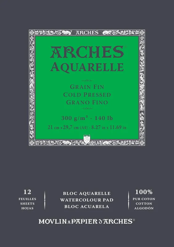 ARCHES Aquarelle 100% Fino 300g Bloc Encolado A4 12 hojas Blanco Natural, color (FILA A1795091)