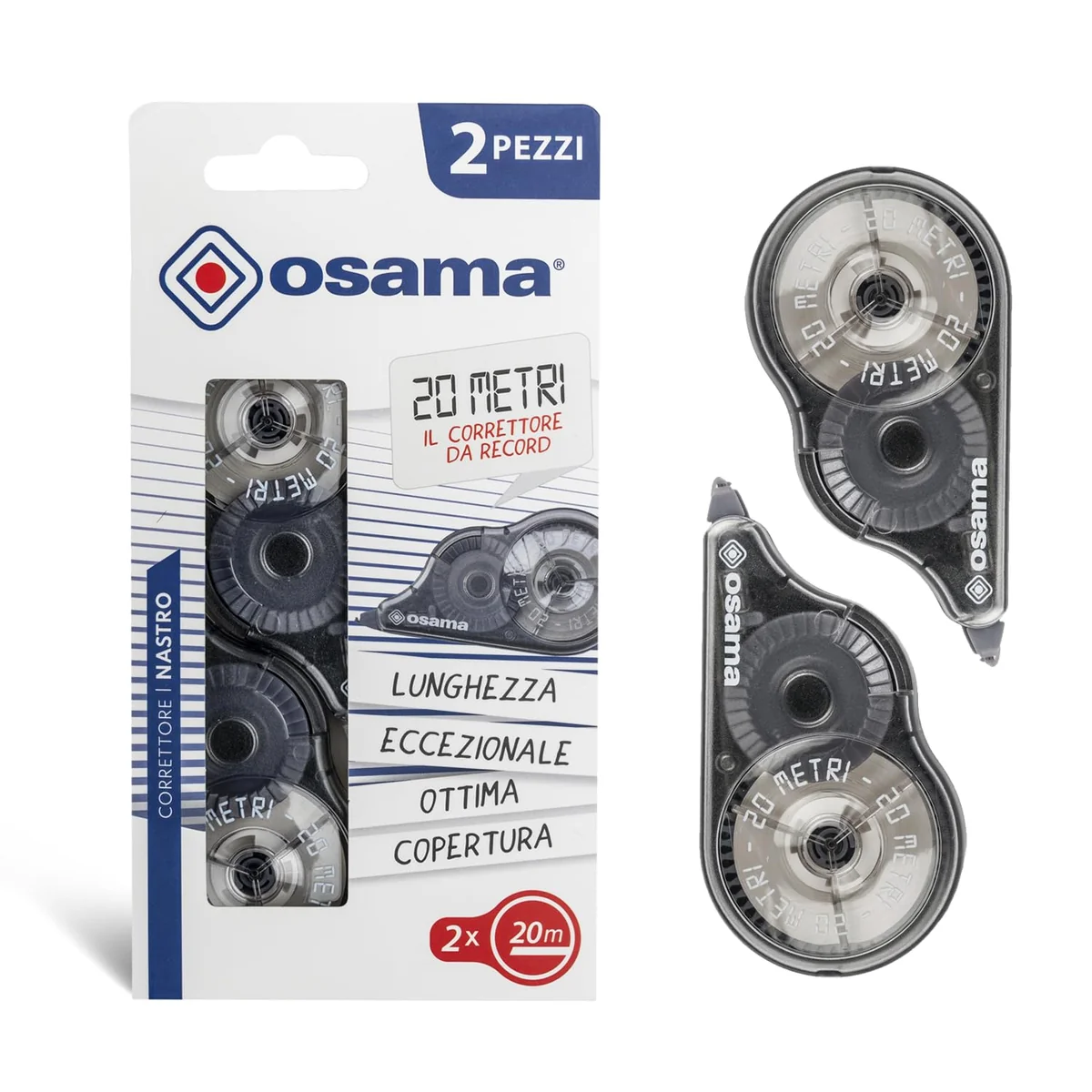 Osama - Cinta Correctora Blanca, Pack 2 Piezas, 20 M - Set Cintas Correctoras Ideal para Material Escolar, Papelería y Oficina para Borrar y Escribir de Inmediato con Alta Cobertura y Larga Duración