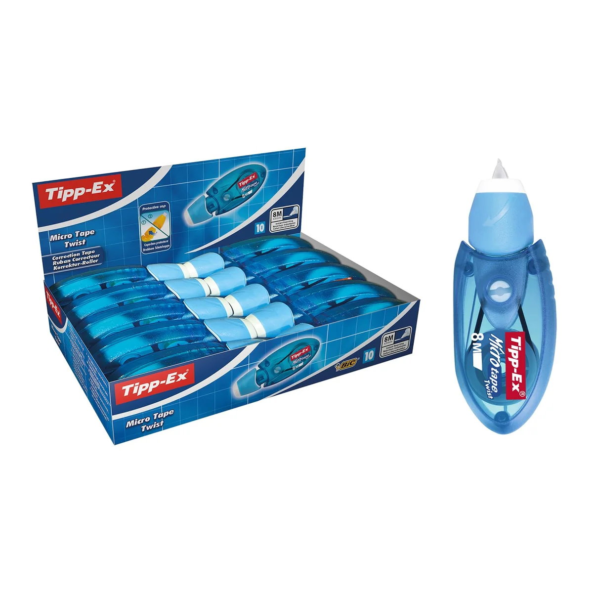 BIC Tipp-Ex Cinta Correctora Blanca de Bolígrafos, Óptimo para Material Escolar, Micro Tape Twist, 8m x 5mm, Con Cabezal Rotativo, Caja de 10