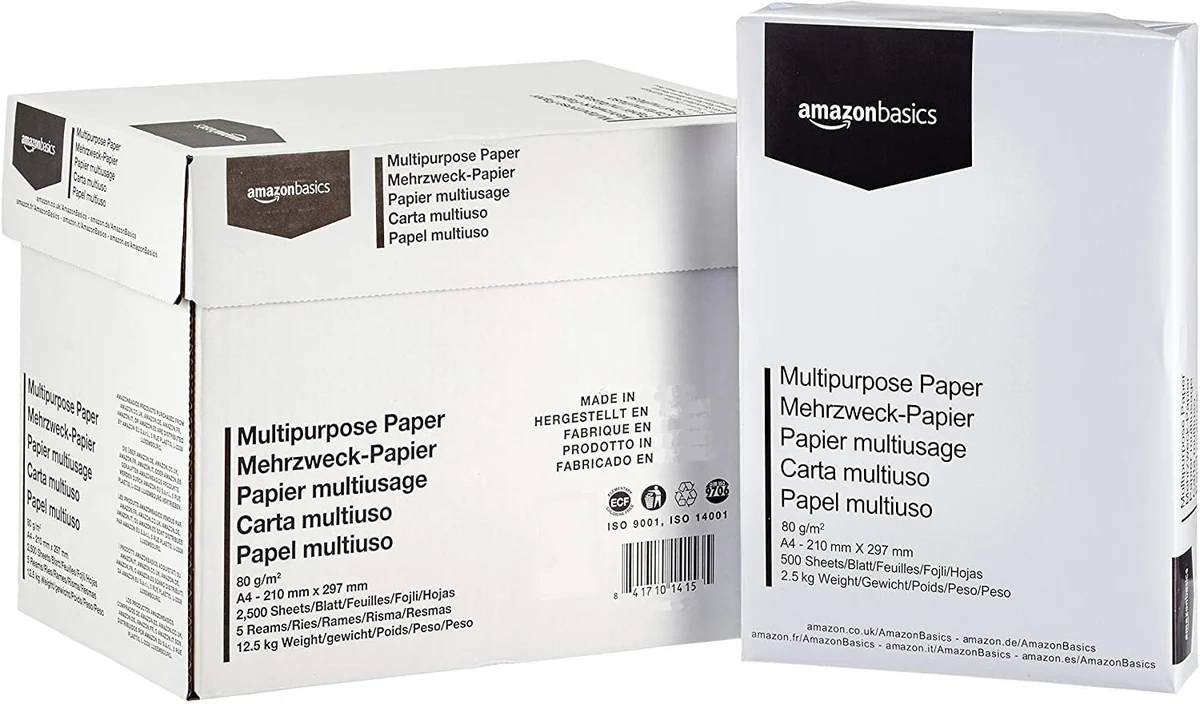 Amazon Basics Papel multiusos para impresora A4 80gsm, 2500 Unidad, 5 Paquetes de 500, Blanco