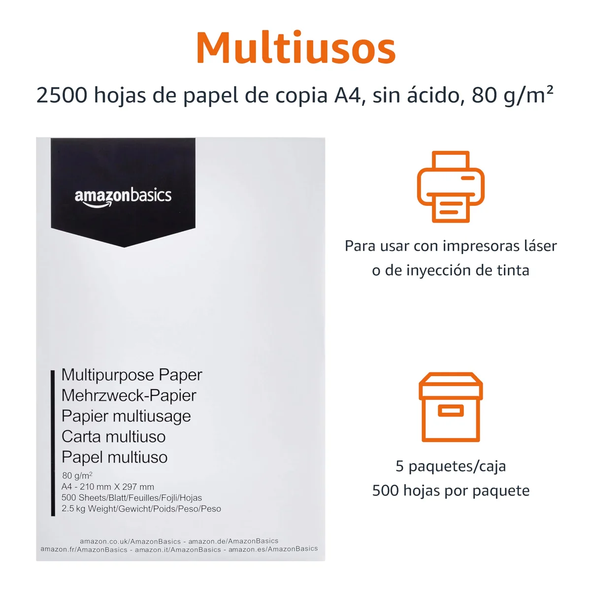 Amazon Basics Papel multiusos para impresora A4 80gsm, 2500 Unidad, 5 Paquetes de 500, Blanco