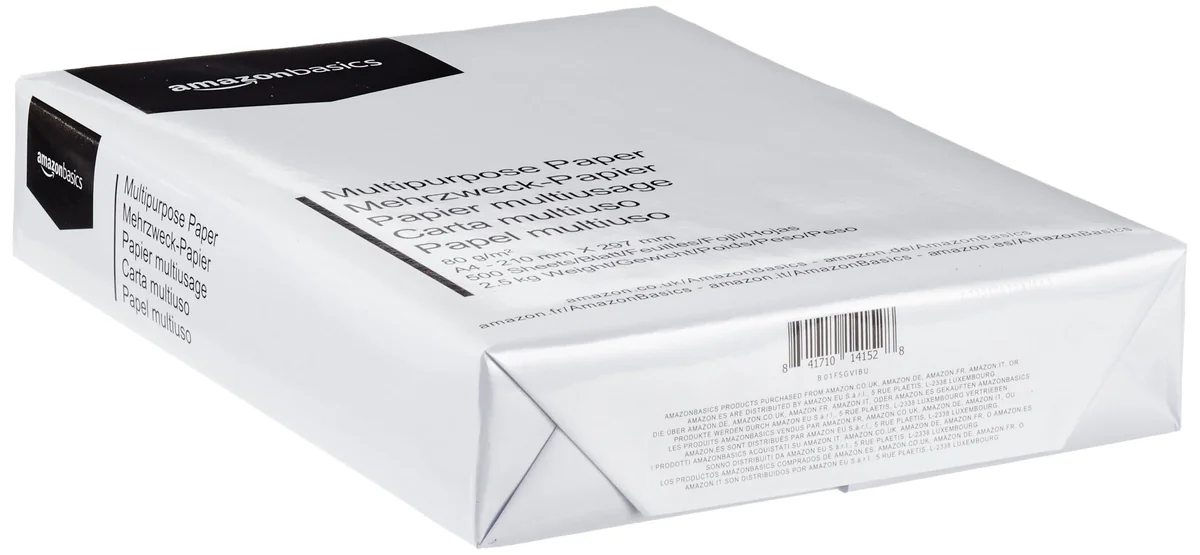 Amazon Basics Papel multiusos para impresora A4 80gsm, 2500 Unidad, 5 Paquetes de 500, Blanco