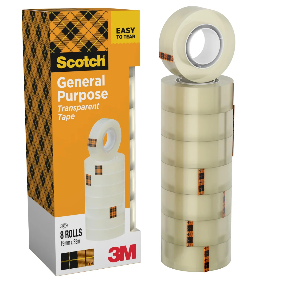 Scotch Cinta Adhesiva Transparente - 8 rollos - 19mm x 33m - Cinta Adhesiva para Uso General para el Colegio, el Hogar y la Oficina