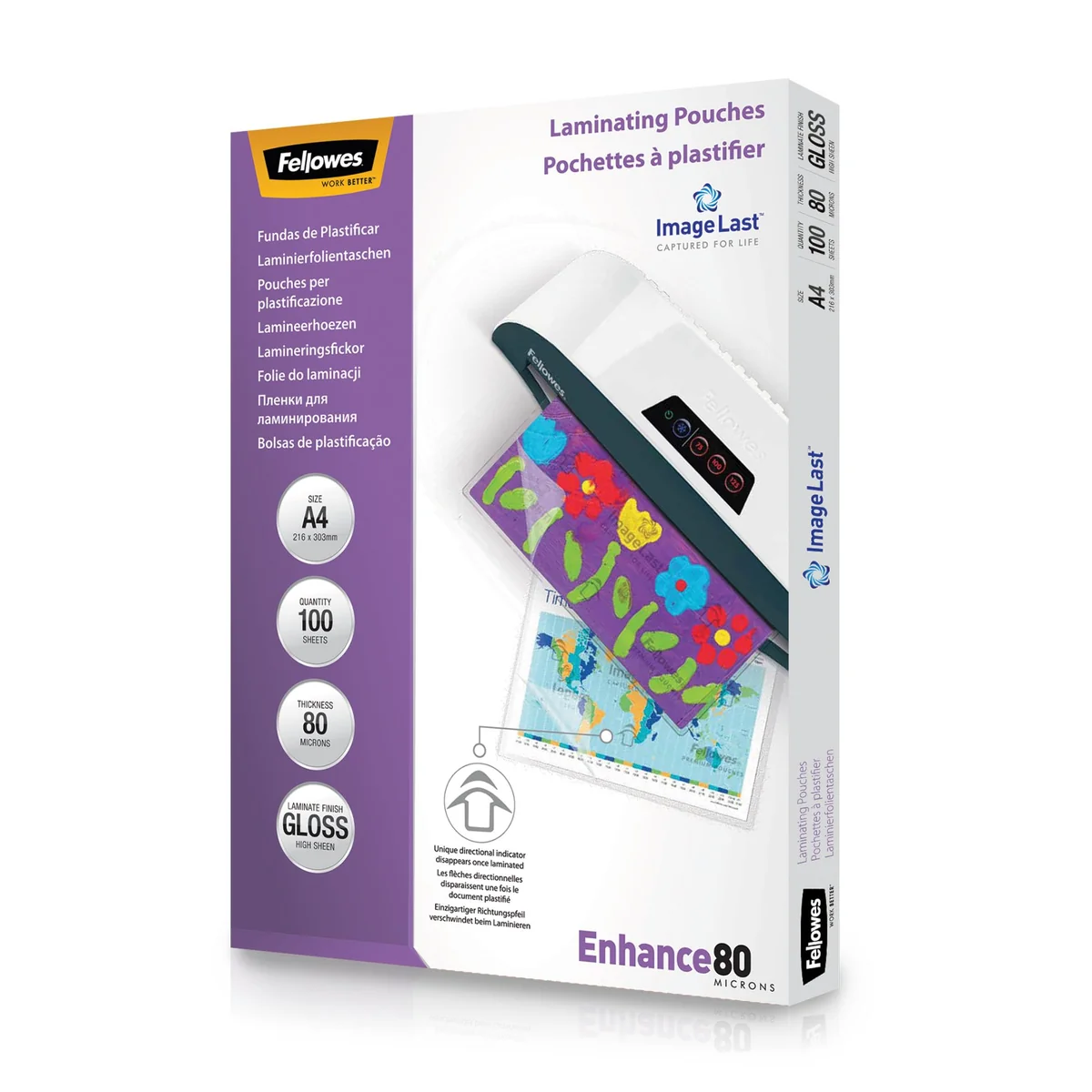 Fellowes Pack de 100 fundas plastificar A4, brillo, formato A4, 80 micras, con flechas direccionales ImageLast, fundas para plastificadora adecuadas para fotos y avisos