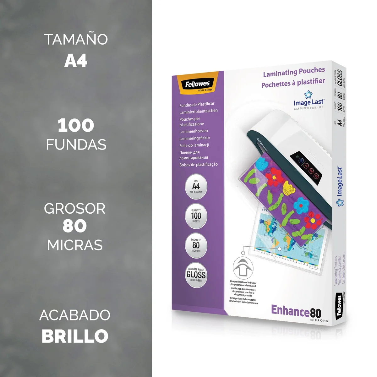 Fellowes Pack de 100 fundas plastificar A4, brillo, formato A4, 80 micras, con flechas direccionales ImageLast, fundas para plastificadora adecuadas para fotos y avisos