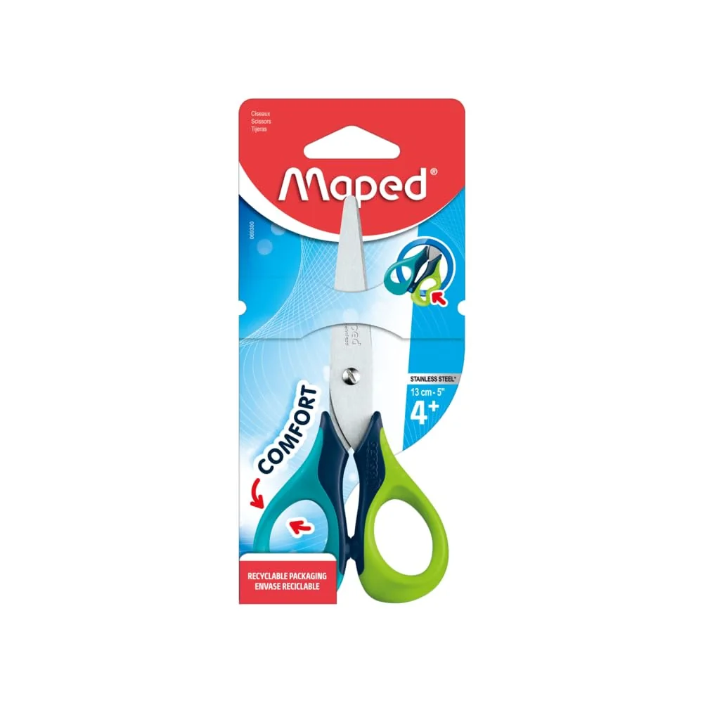 Tijeras Escolares para Niños Maped, Sensoft 13 cm Diseño Ergonómico para Agarre Fácil, Aros Suaves y Seguros Cuchillas de Acero Inoxidable Modelos Surtidos Ideal para Manualidades y Uso Escolar