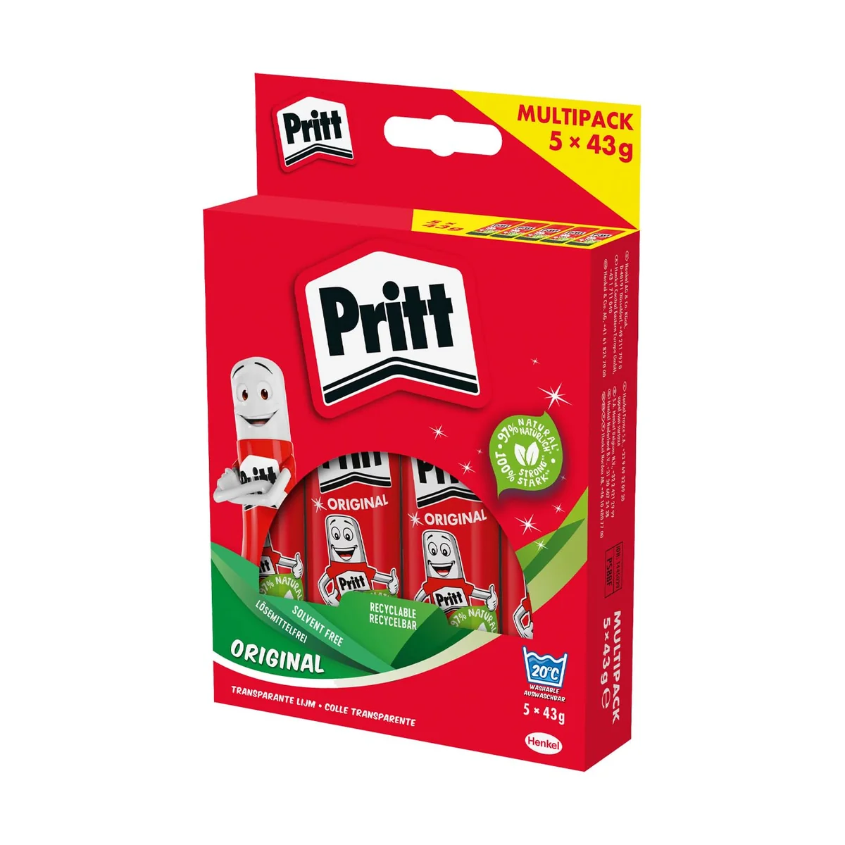 Pritt Pegamento en barra Pritt, seguro y apto para niños manualidades, fuerte uso escolar de oficina, 5x 43 g stick