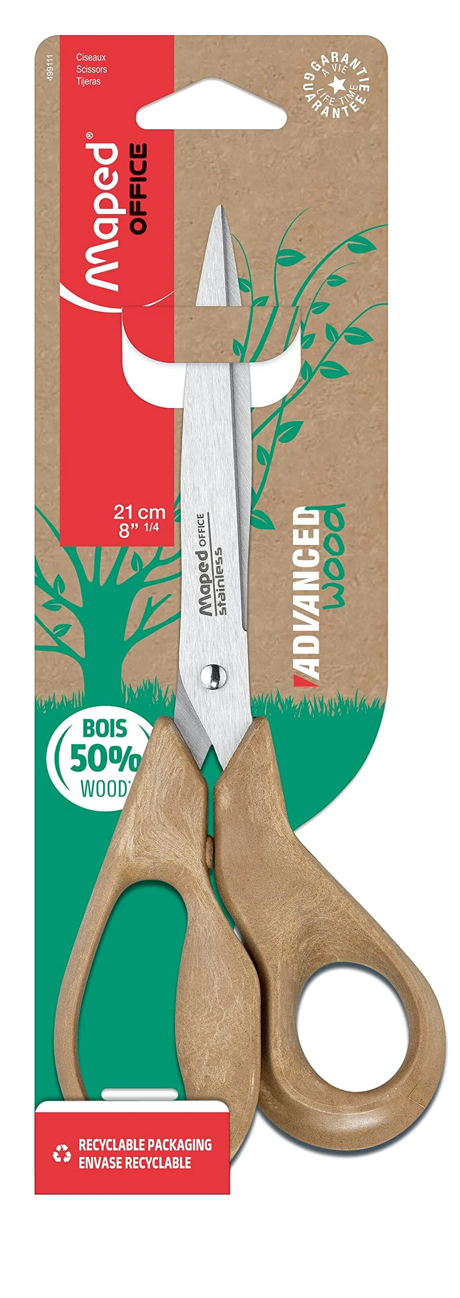 Maped - Tijeras de Oficina - Advanced Wood Asimétrica 21 cm - Tijeras con Hojas y Remache de Acero Inoxidable - Anillas Fabricadas con un 50% de Fibra de Madera
