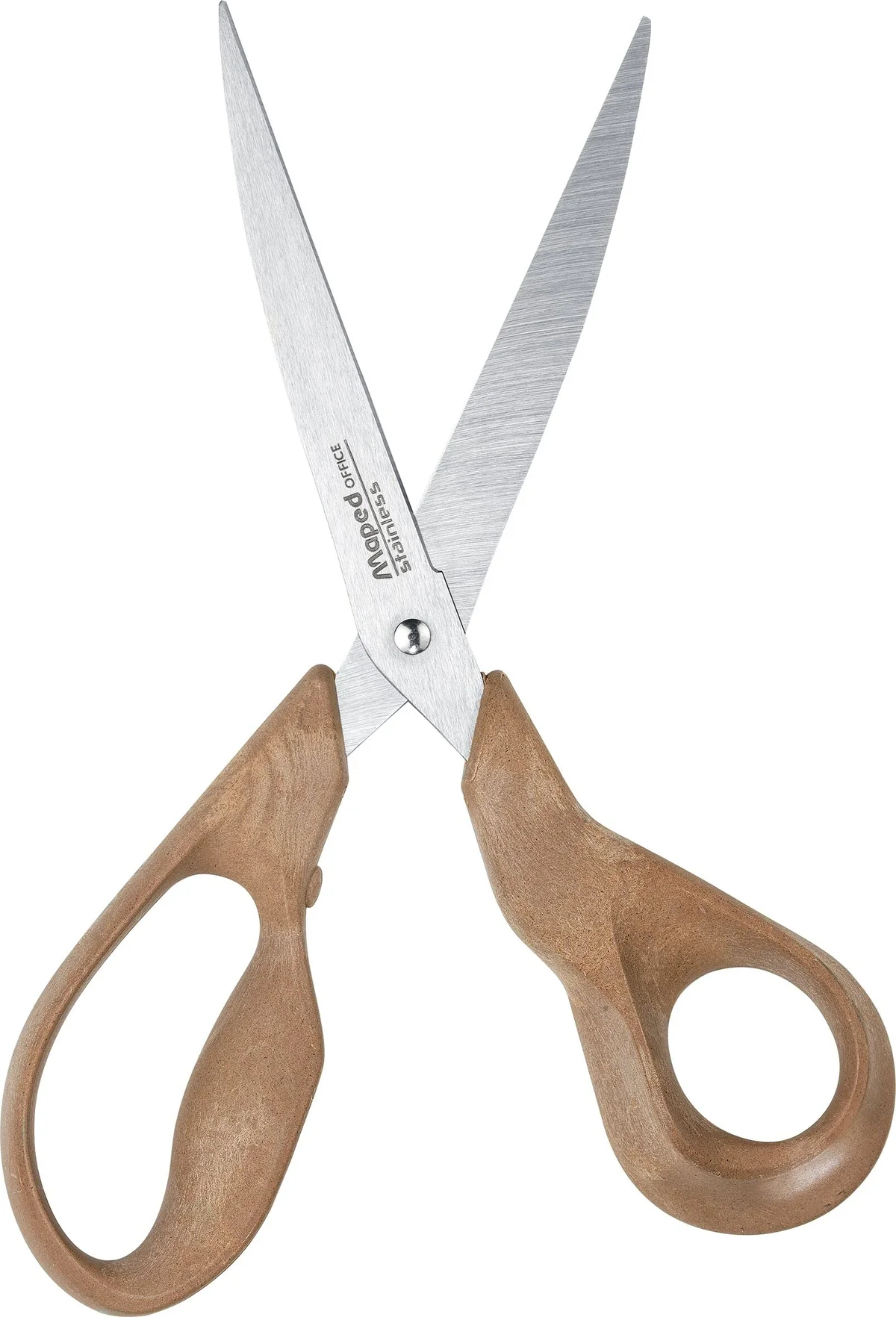 Maped - Tijeras de Oficina - Advanced Wood Asimétrica 21 cm - Tijeras con Hojas y Remache de Acero Inoxidable - Anillas Fabricadas con un 50% de Fibra de Madera