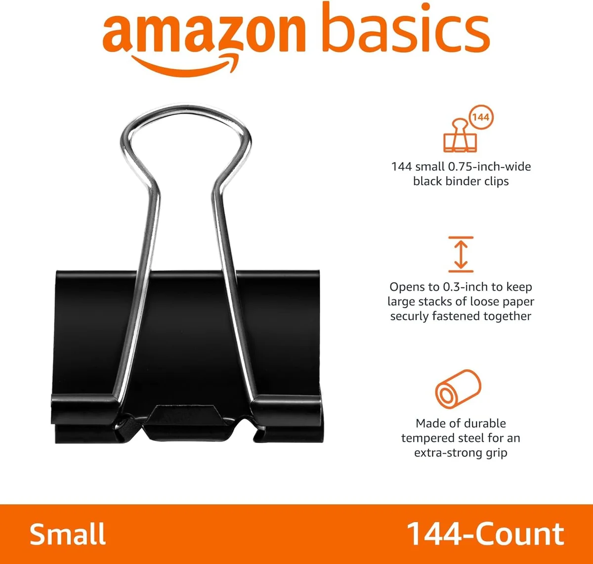 Amazon Basics - Pinzas para encuadernación, capacidad de 5/16 pulgadas, 3/4 pulgadas de ancho (pequeñas), 144 Unidad, 12 Paquetes de 12, Negro