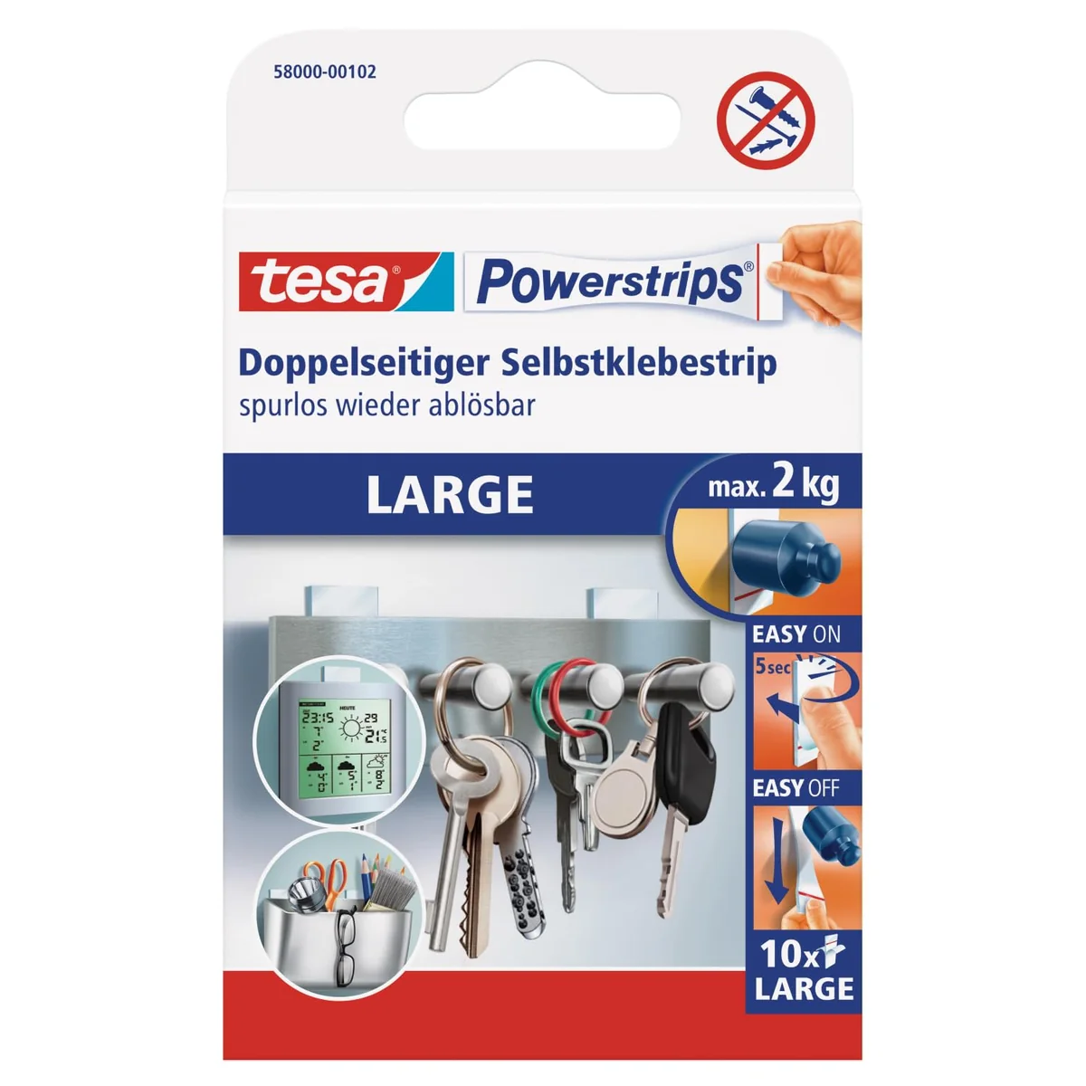 Powerstrips Grande - Tiras Adhesivas Doble Cara Ideales para Superficies Planas y Lisas - Para Objetos de hasta 2 kg, 10x