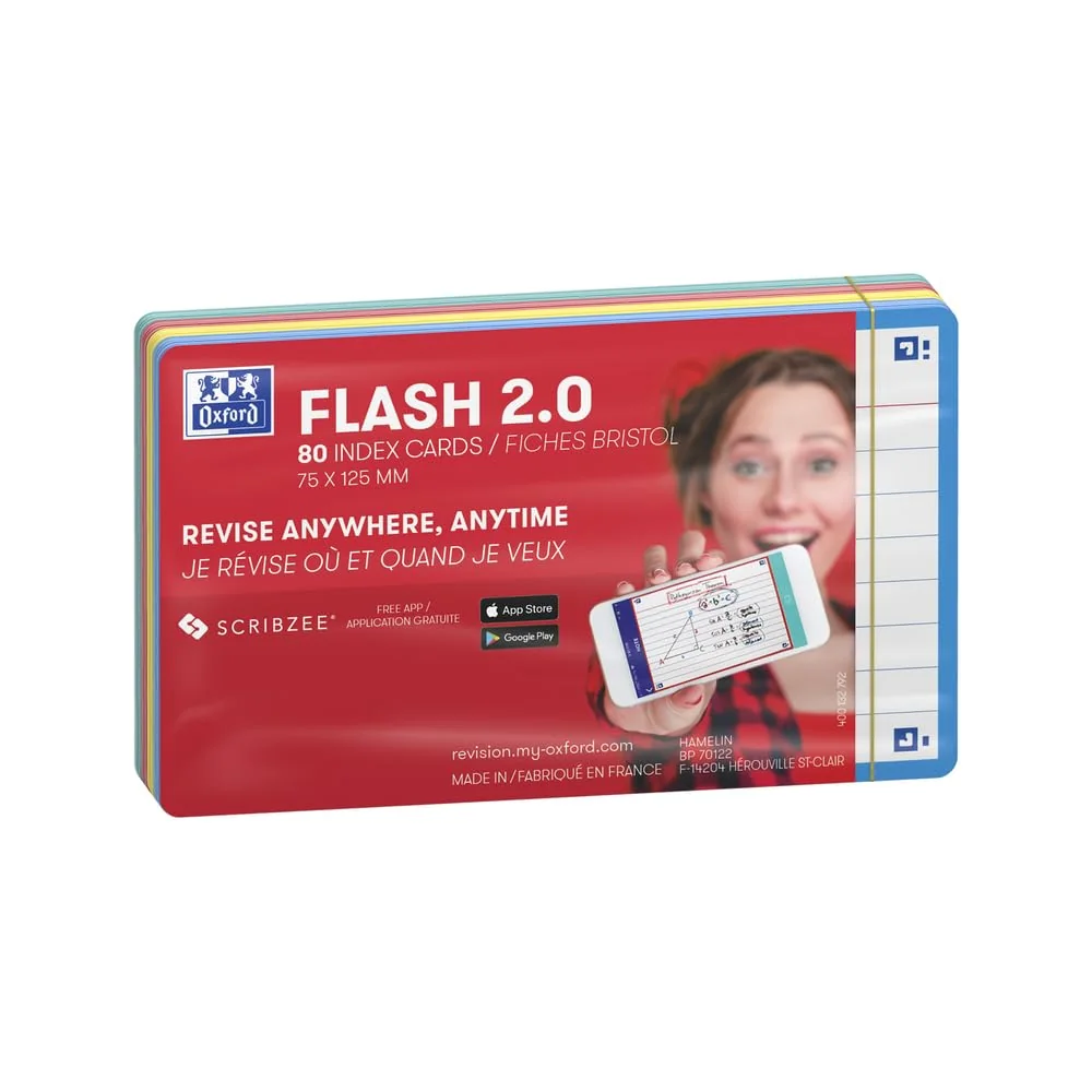Oxford Flash 2.0 – Lote de 80 tarjetas de flash de formato 7, 5 x 12, 5 cm lineados a doble cara – Marco de colores surtidos – Conectores Bristol