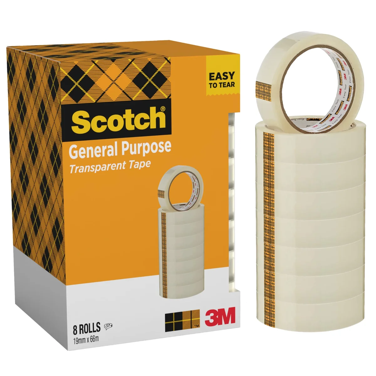Scotch Cinta Adhesiva Transparente - 8 rollos - 19mm x 66m - Cinta Adhesiva para Uso General para el Colegio, el Hogar y la Oficina