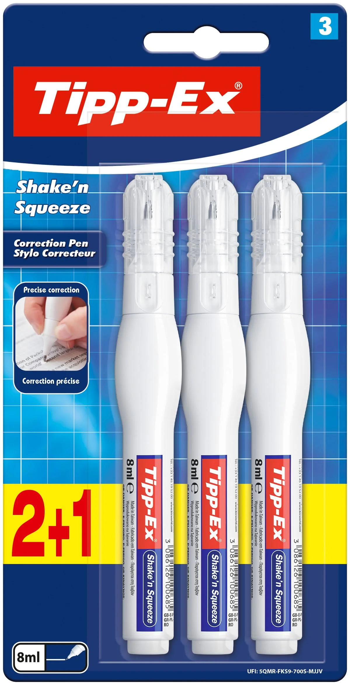 BIC Tipp-Ex Shake'n Squeeze Corrector Líquido, Fórmula de Secado Rápido, Lápiz Corrector, Ideal para Profesionales, Blíster de 3, 8 ml, multicolor
